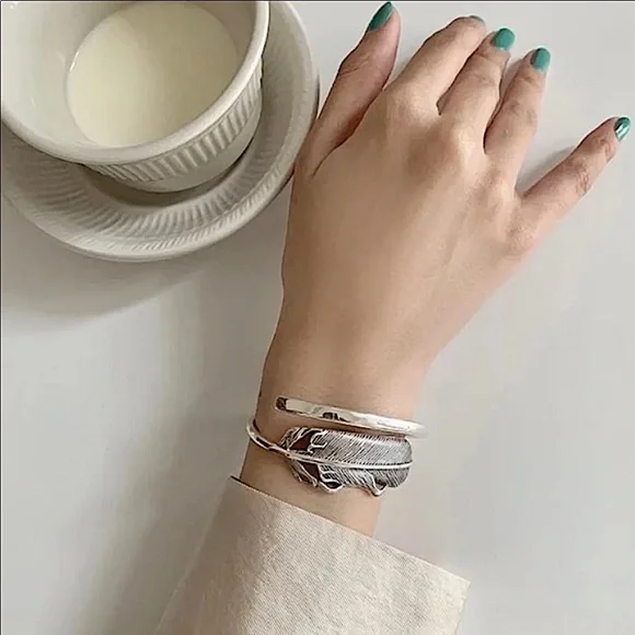 Silver Feather Bangle Cuff Bracelet - Picture 7 of 9